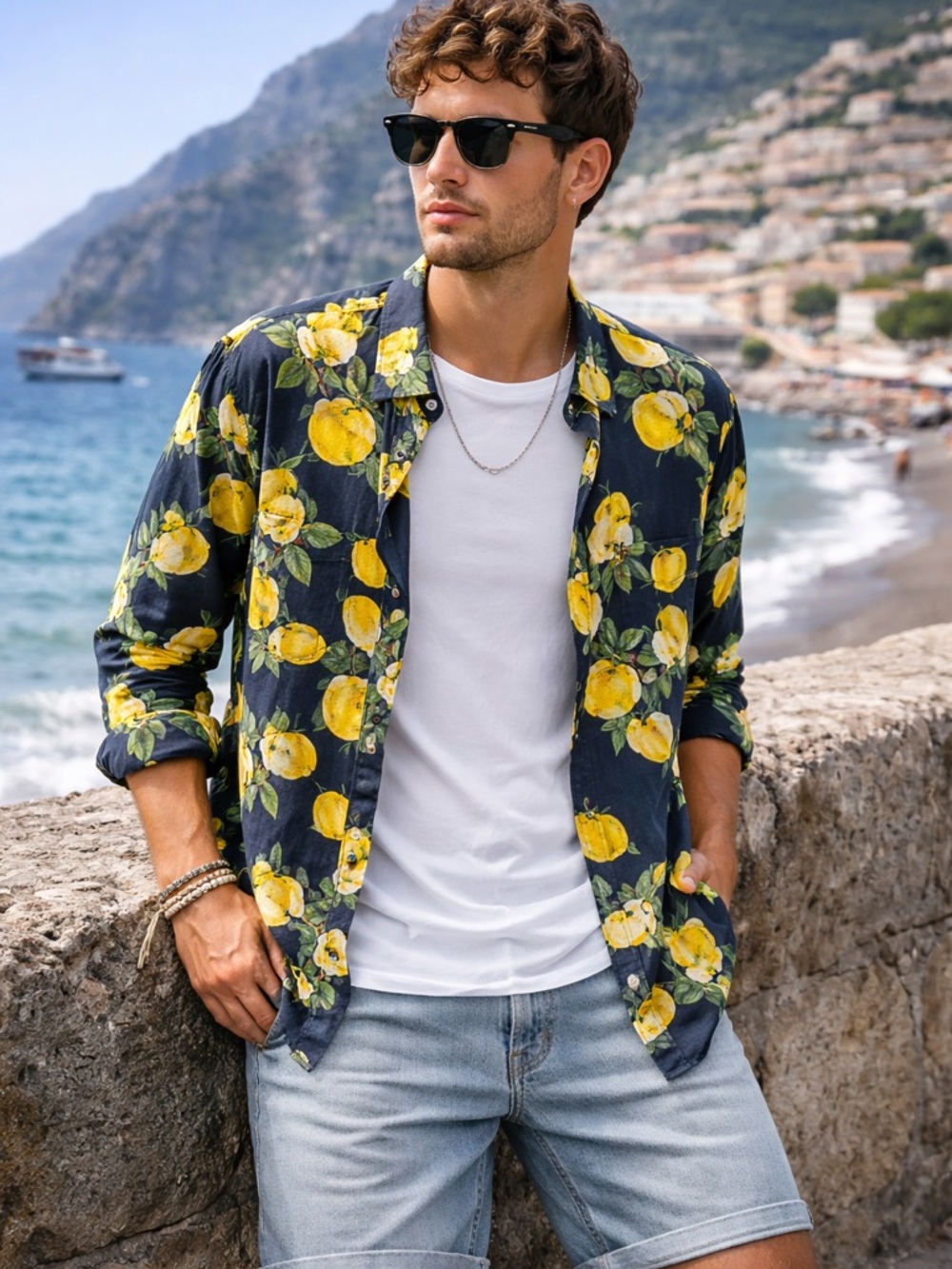 Lemon Print Button-Up Shirt Men’s Large Amalfi Coast Summer Vacation Vibe